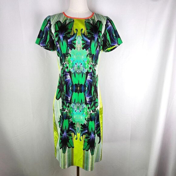 Elie Tahari Angie Lime Green Mirror Orchid Sheath Midi Dress US 10 Maximalism - Picture 3 of 13